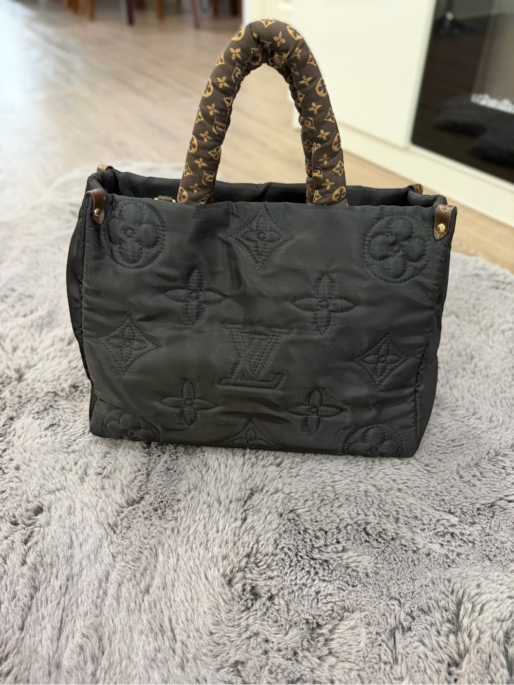 Louis Vuitton Black Quilted Monogram Tote with Brown Monogram Handles